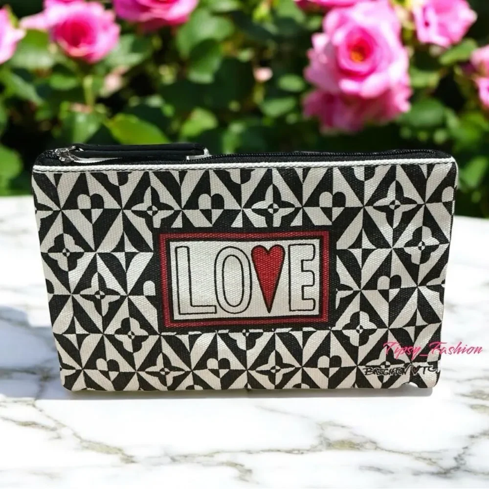 Brighton Love Wristlet Cosmetic Bag Makeup Pouch Black White Hearts